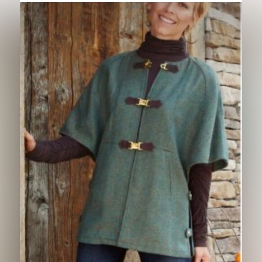 Soft Surroundings Teal Speckled Tweed Herringbone Sweater Cape XSP‎